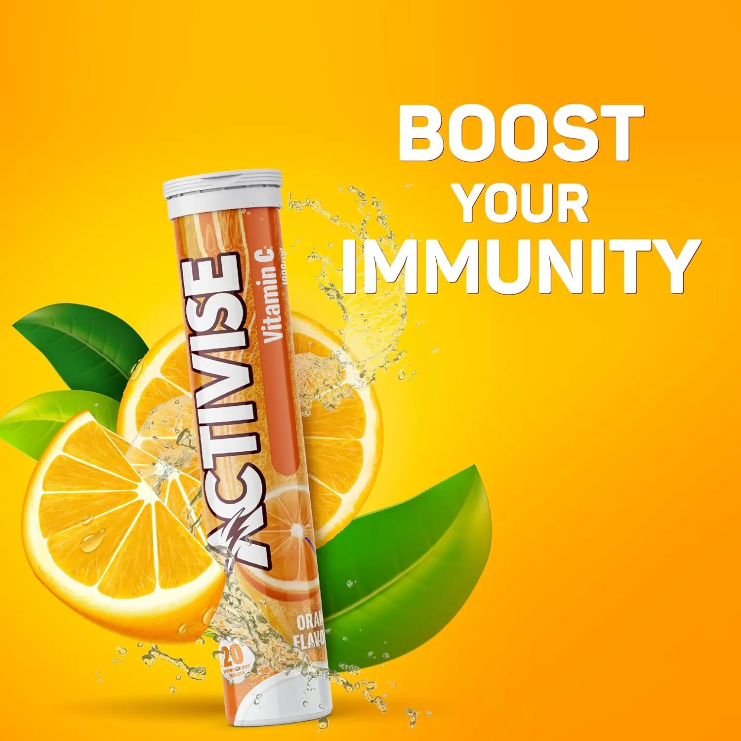 Activise Vitamin C 1000mg effervescent tablets in orange flavor, a potent antioxidant that supports iron absorption and protects against free radicals for overall health.