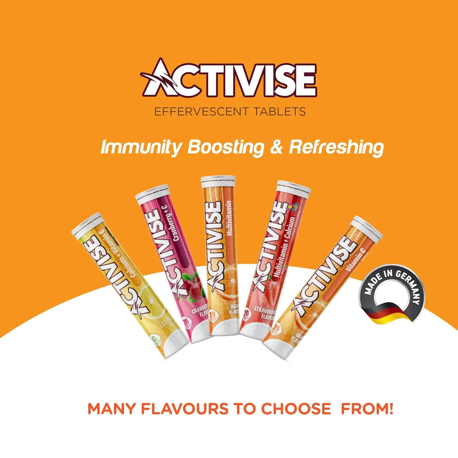 Activise Vitamin C 1000mg effervescent tablets in orange flavor, a potent antioxidant that supports iron absorption and protects against free radicals for overall health.