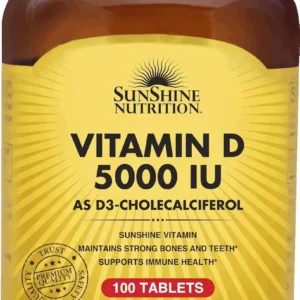 Sunshine Nutrition Vitamin D 5000 IU tablets provide immune support, promote healthy bones and teeth, and aid in calcium absorption.