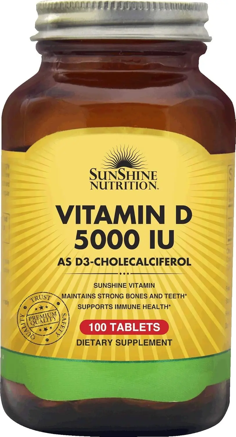 Sunshine Nutrition Vitamin D 5000 IU tablets provide immune support, promote healthy bones and teeth, and aid in calcium absorption.