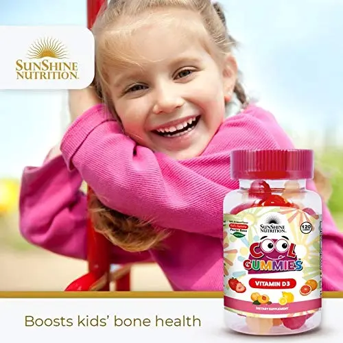 Sunshine Nutrition Vitamin D3 gummies are pectin-based, vegetarian, and gluten-free, offering a fun and delicious strawberry, orange, and lemon flavored supplement for children.