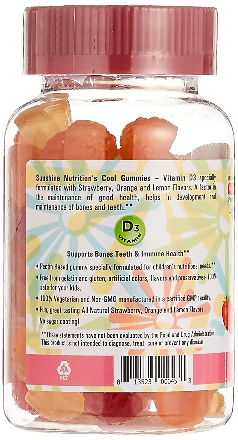 Sunshine Nutrition Vitamin D3 gummies support kids' immune systems, healthy bones, and overall well-being with a delicious, all-natural, gluten-free formula.