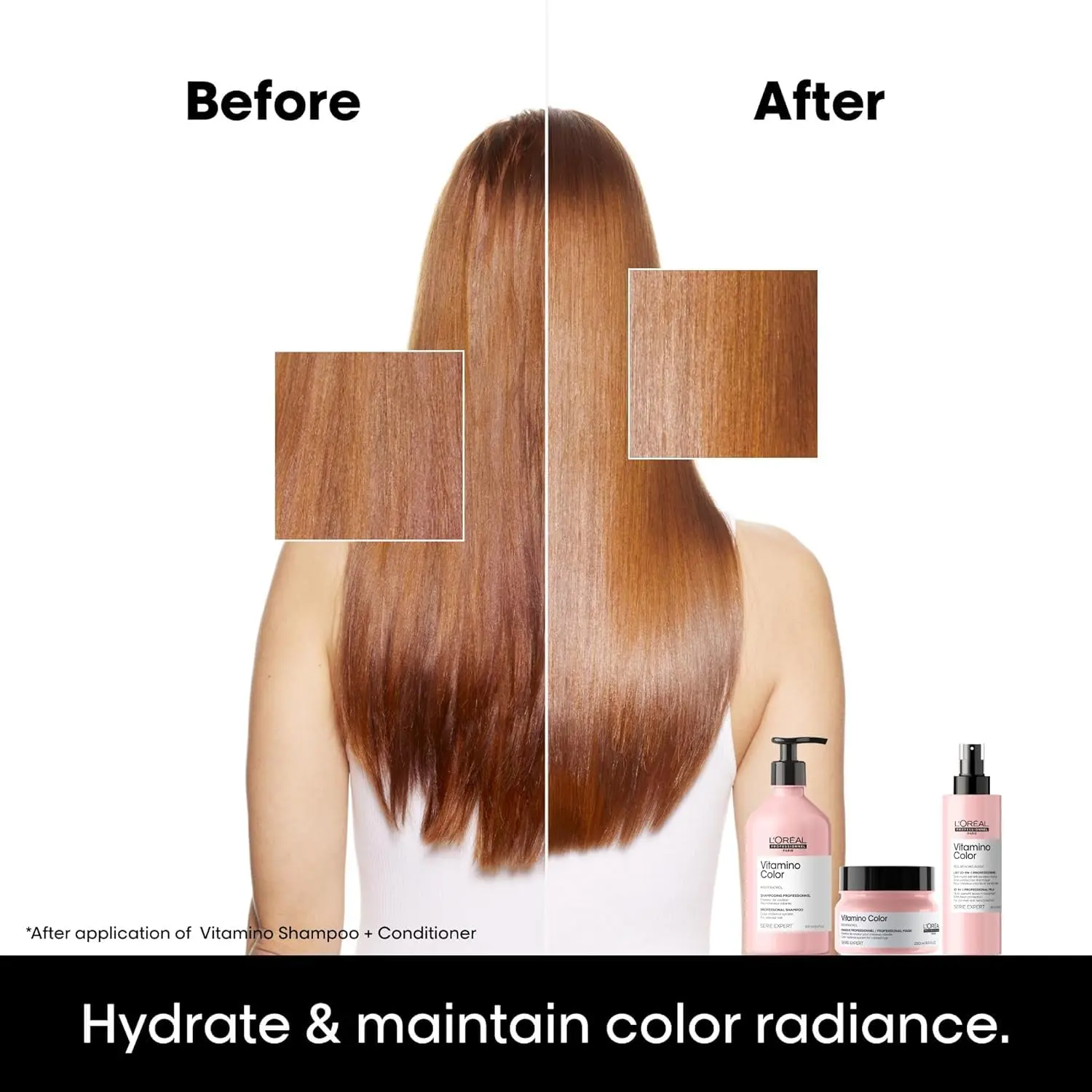 L'Oréal Professionnel Vitamino Color Mask protects color-treated hair, enhances shine, and prevents damage with resveratrol.