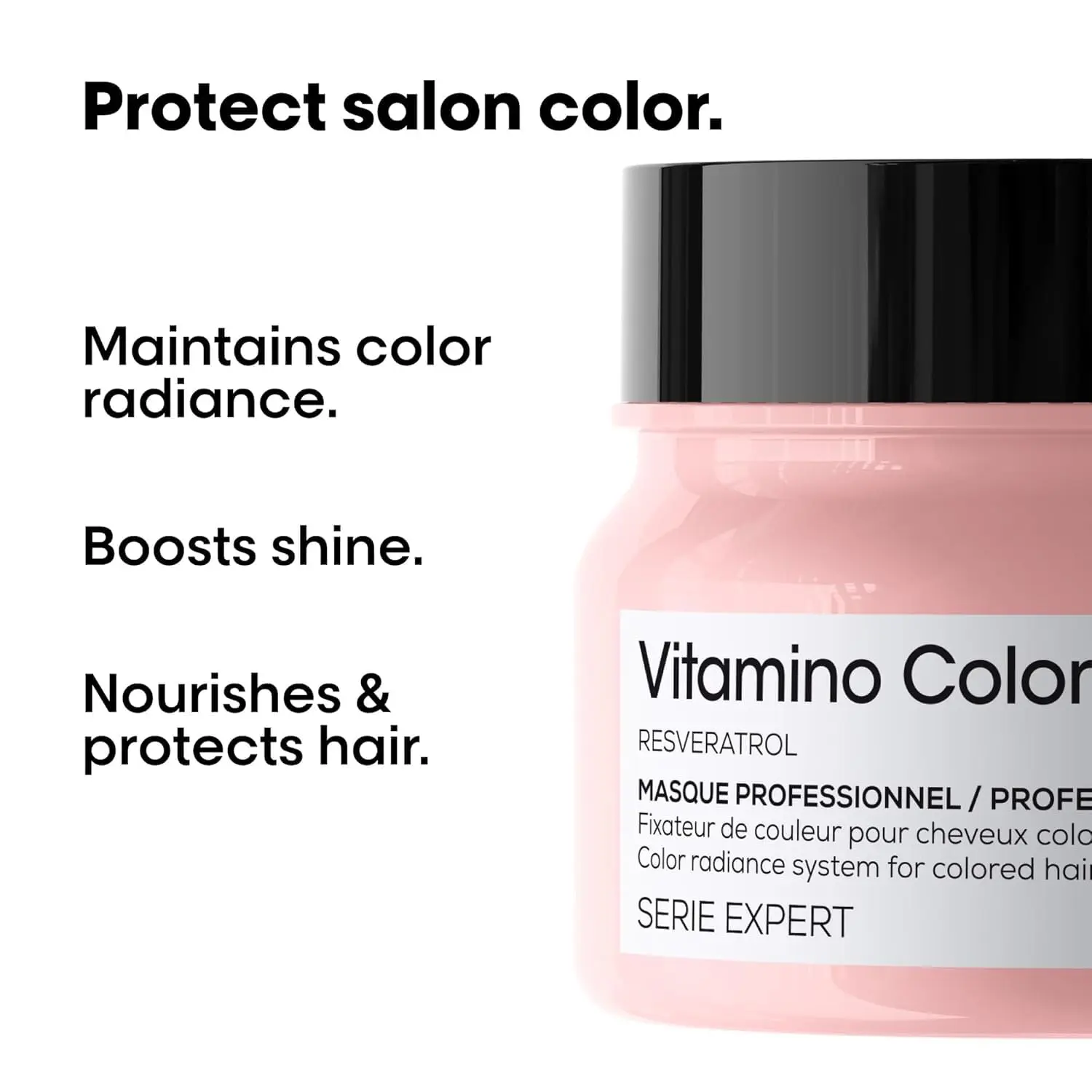 L'Oréal Professionnel Vitamino Color Mask protects color-treated hair, enhances shine, and prevents damage with resveratrol.