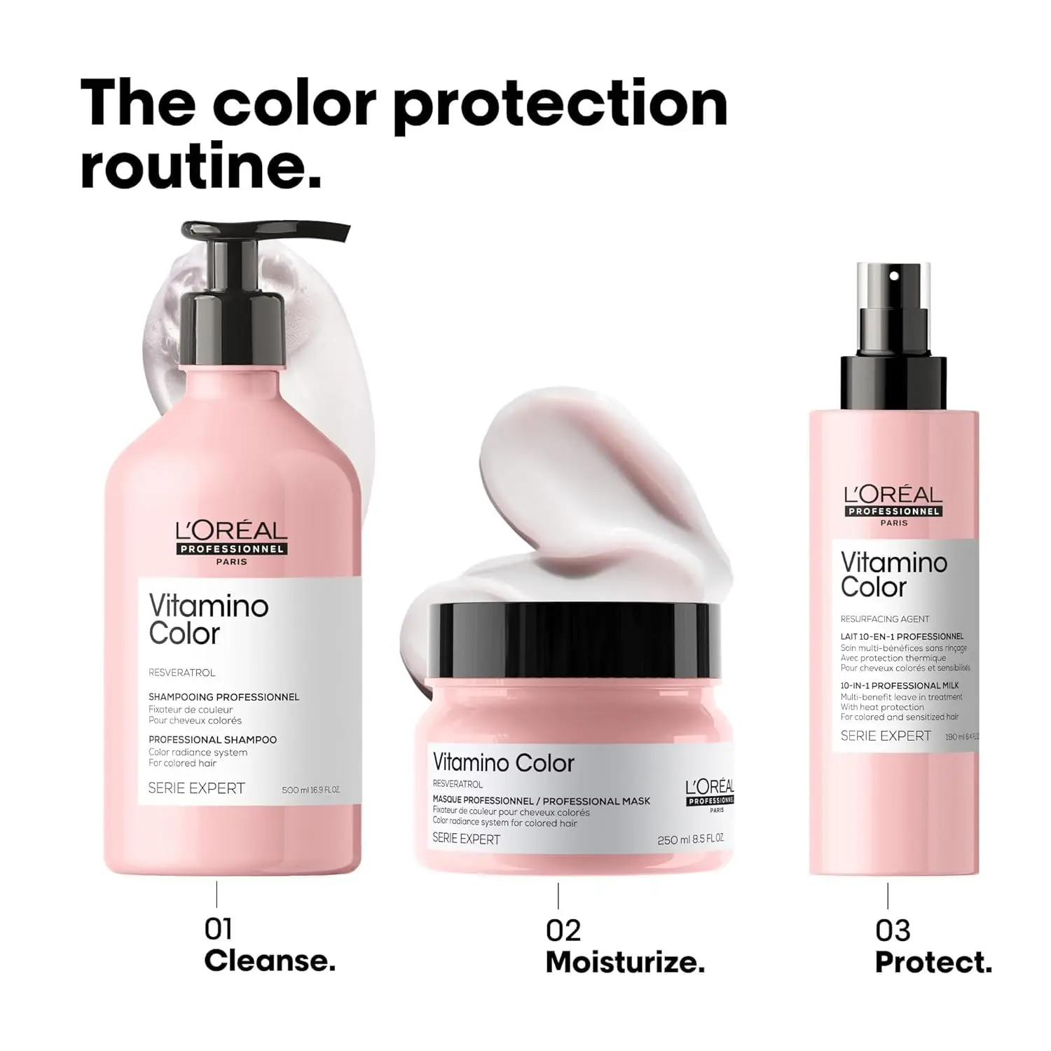 L'Oréal Professionnel Vitamino Color Mask protects color-treated hair, enhances shine, and prevents damage with resveratrol.