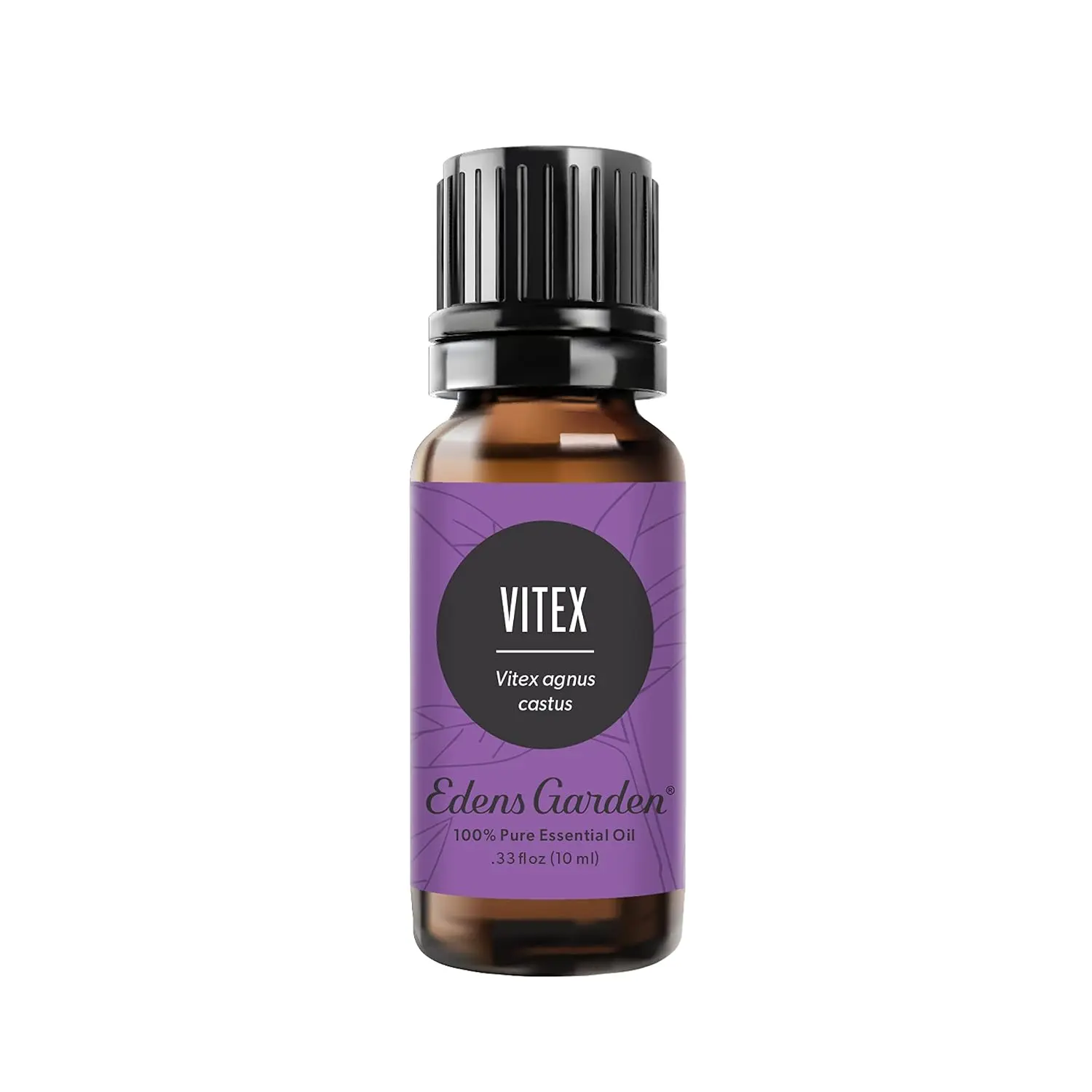 A bottle of Edens Garden Vitex essential oil, used to ease PMS symptoms and promote relaxation, sits on a white background.