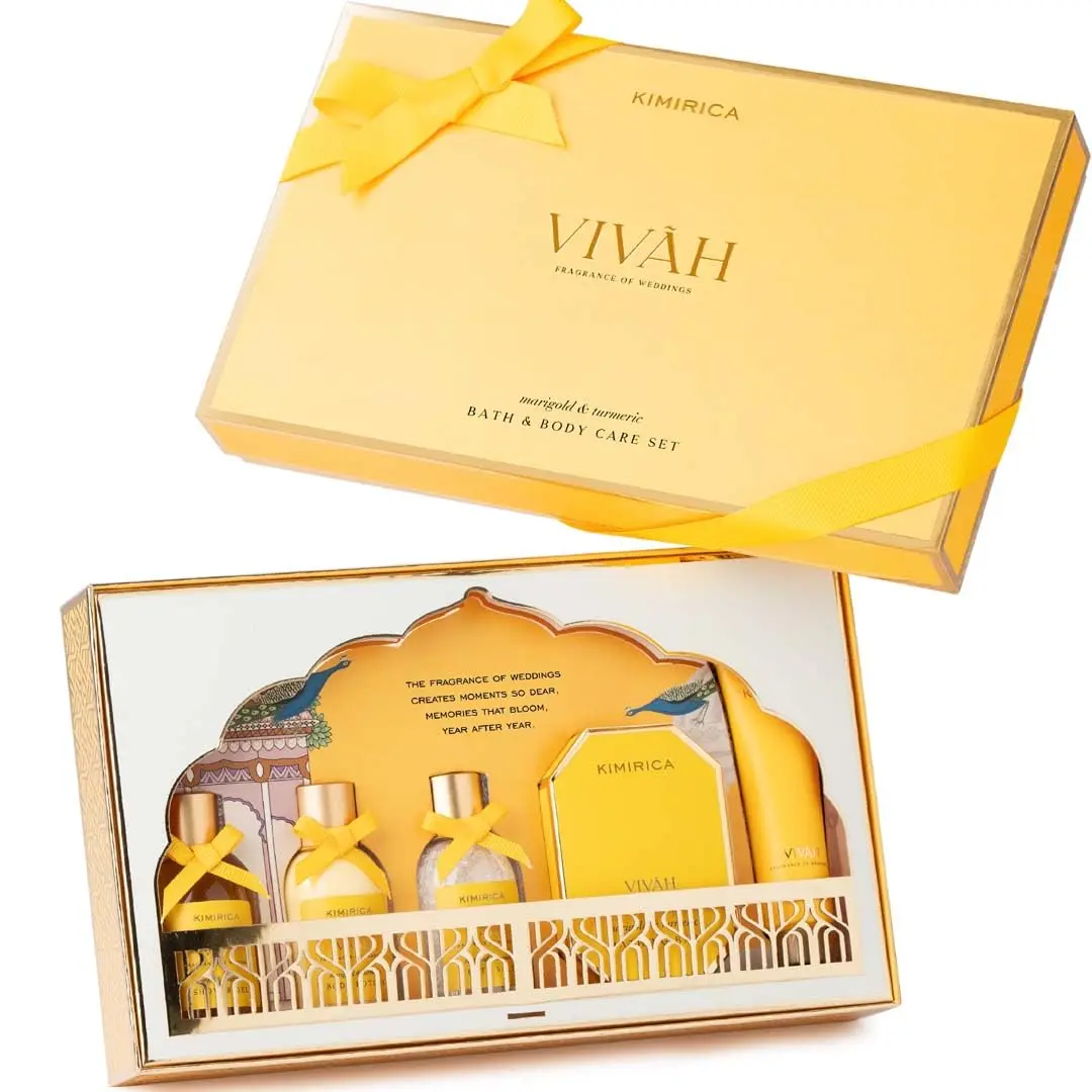 Kimirica Vivah Experience gift set with body wash, lotion, bath salt, bar and hand cream, scented with marigold and lotus, a perfect wedding gift for couples.
