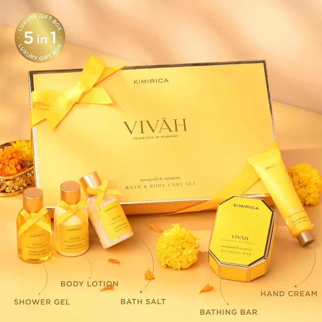 Kimirica Vivah Experience gift set with body wash, lotion, bath salt, bar and hand cream, scented with marigold and lotus, a perfect wedding gift for couples.