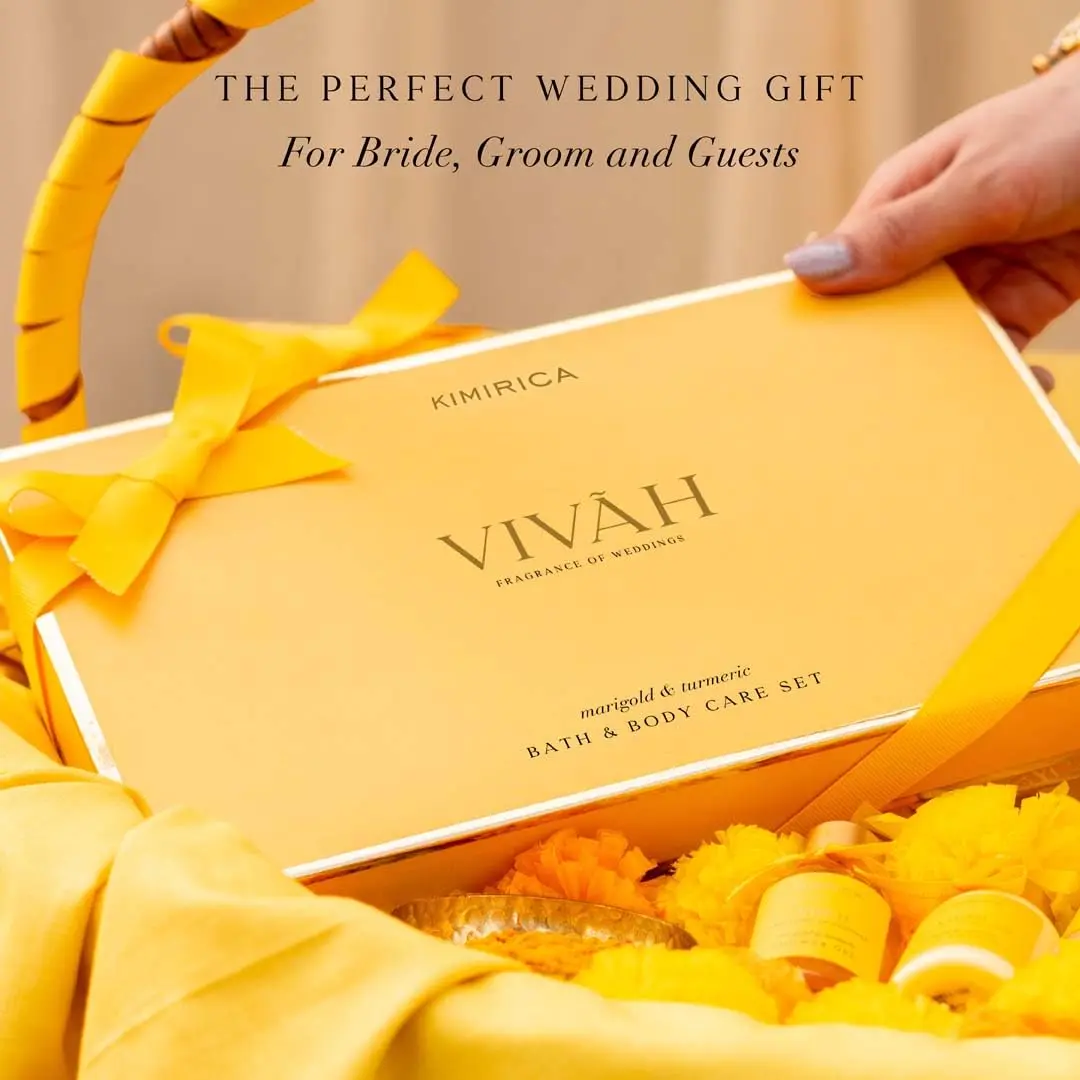 Kimirica Vivah Experience gift set with body wash, lotion, bath salt, bar and hand cream, scented with marigold and lotus, a perfect wedding gift for couples.