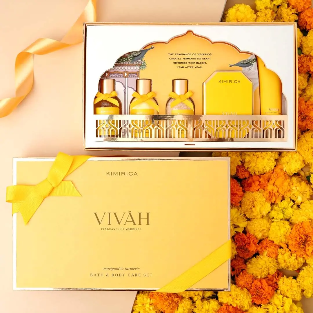 Kimirica Vivah Experience gift set with body wash, lotion, bath salt, bar and hand cream, scented with marigold and lotus, a perfect wedding gift for couples.