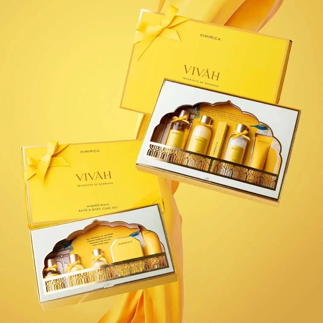 Kimirica Vivah Experience gift set with body wash, lotion, bath salt, bar and hand cream, scented with marigold and lotus, a perfect wedding gift for couples.