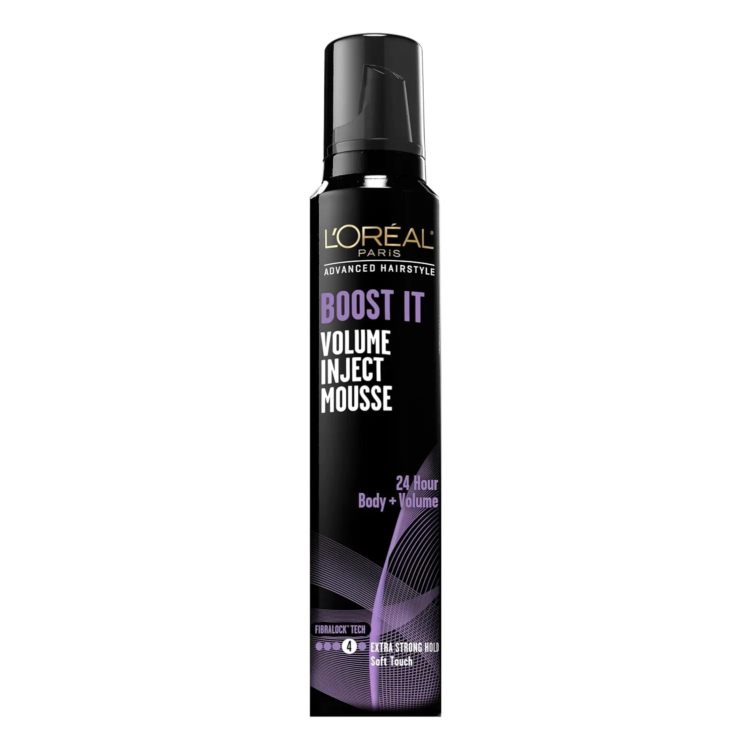 This is a bottle of lightweight volumizing mousse that provides extra strong, 24-hour hold and a soft touch.