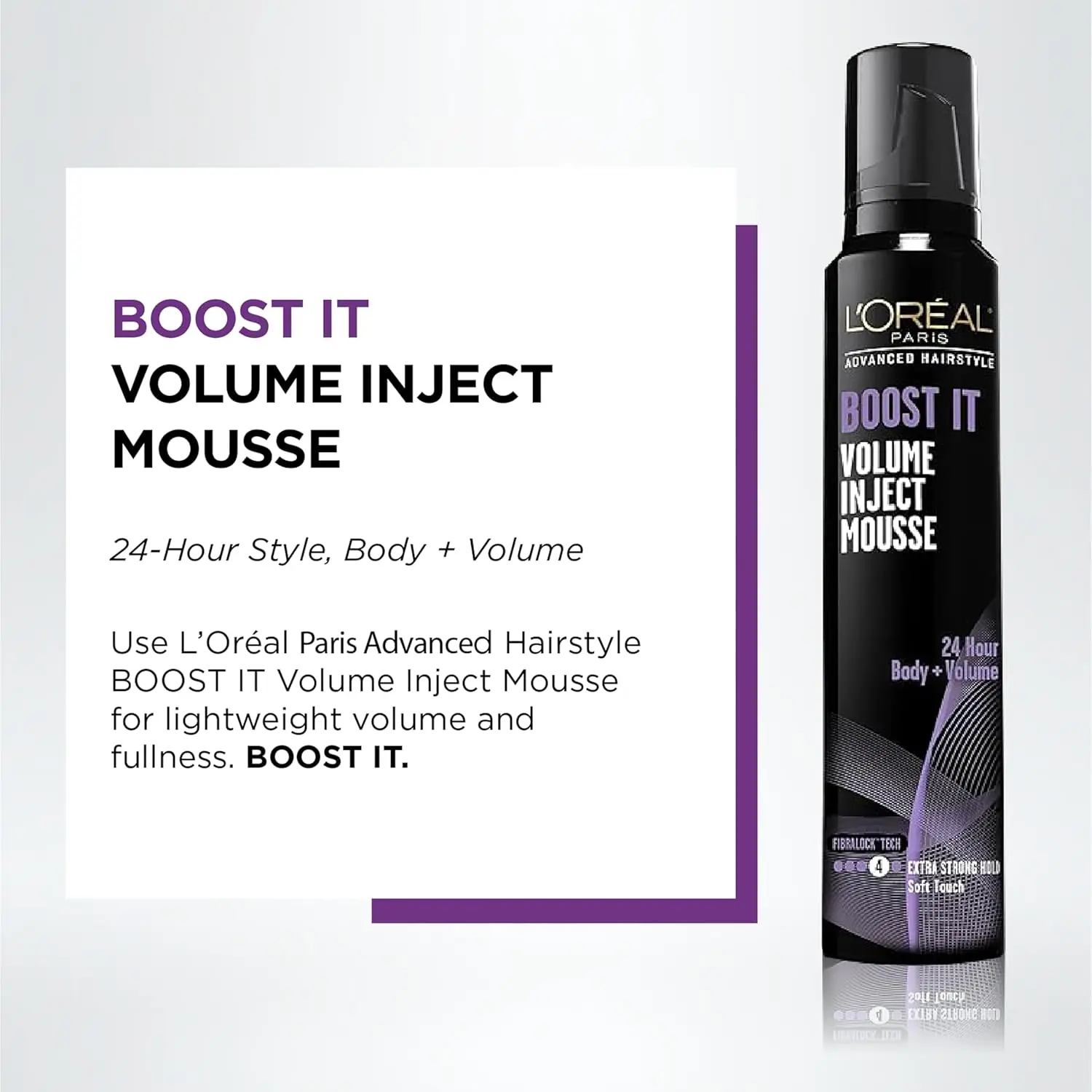 This is a bottle of lightweight volumizing mousse that provides extra strong, 24-hour hold and a soft touch.