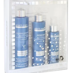 Abril et nature volume routine pack for fine hair including shampoo, mask, and leave-in spray, designed to volumize, strengthen and provide thermal protection.