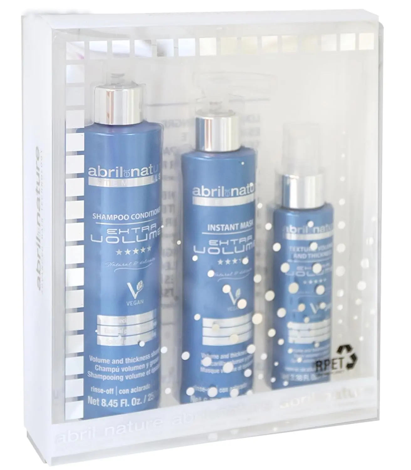 Abril et nature volume routine pack for fine hair including shampoo, mask, and leave-in spray, designed to volumize, strengthen and provide thermal protection.