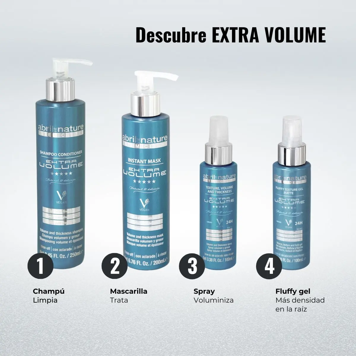 Abril et nature volume routine pack for fine hair including shampoo, mask, and leave-in spray, designed to volumize, strengthen and provide thermal protection.