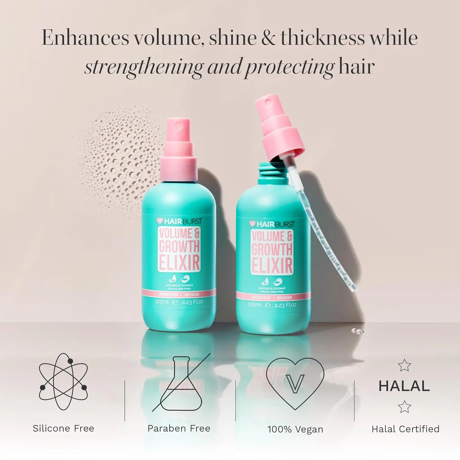 Achieve visibly thicker, stronger, and healthier hair with this volumizing mist, infused with cloudberry and pea sprout extract to enhance shine, hydration, and protect against UV damage while promoting hair growth.