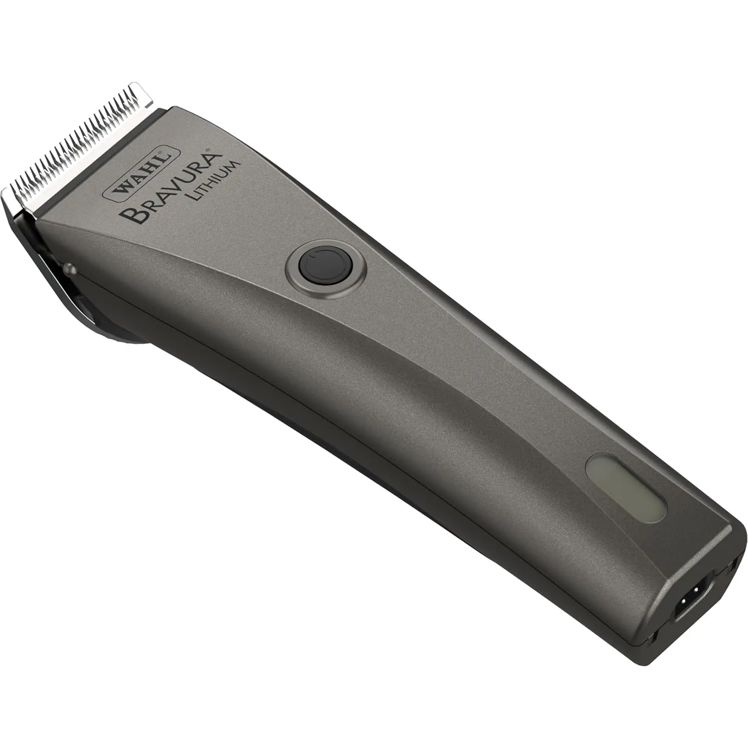 The WAHL Bravura Lithium Ion Clipper kit in gunmetal, designed for professional-grade pet grooming of dogs and cats, includes the clipper, 5-in-1 blade, guide combs, and accessories.