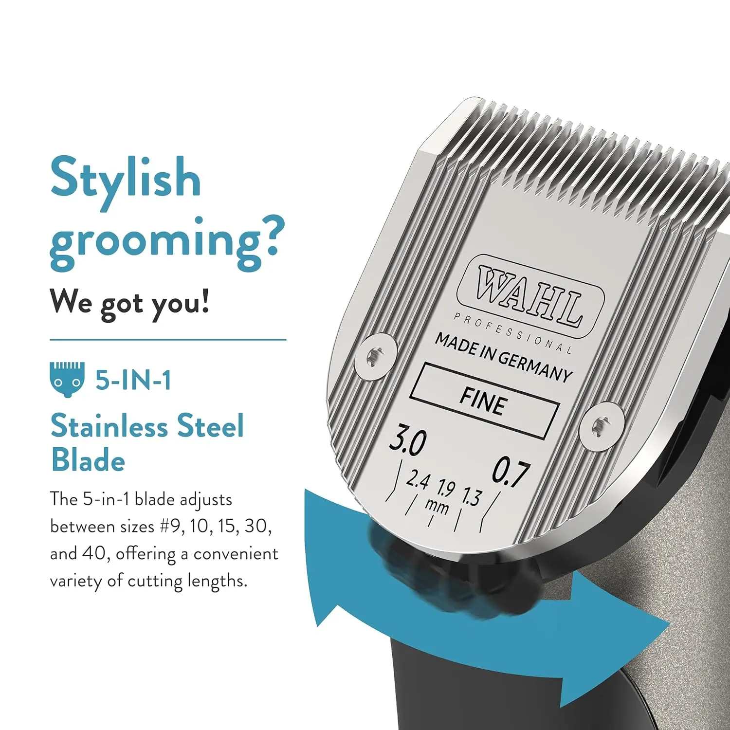 The WAHL Bravura Lithium Ion Clipper kit in gunmetal, designed for professional-grade pet grooming of dogs and cats, includes the clipper, 5-in-1 blade, guide combs, and accessories.