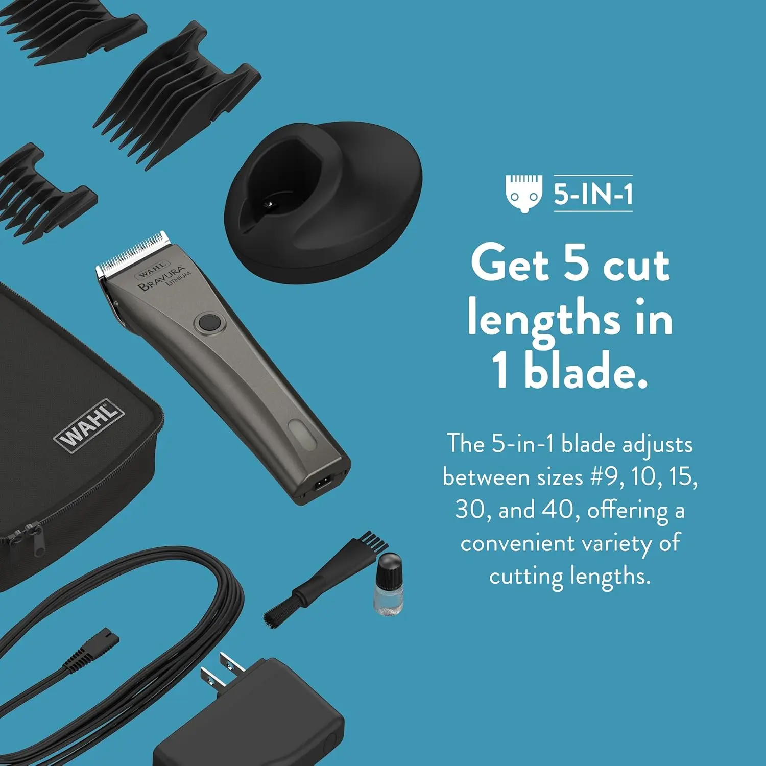 The WAHL Bravura Lithium Ion Clipper kit in gunmetal, designed for professional-grade pet grooming of dogs and cats, includes the clipper, 5-in-1 blade, guide combs, and accessories.