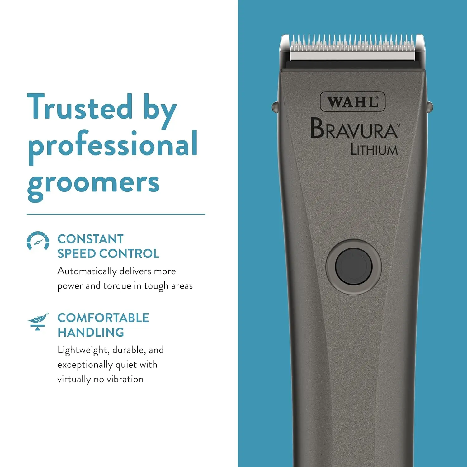 The WAHL Bravura Lithium Ion Clipper kit in gunmetal, designed for professional-grade pet grooming of dogs and cats, includes the clipper, 5-in-1 blade, guide combs, and accessories.