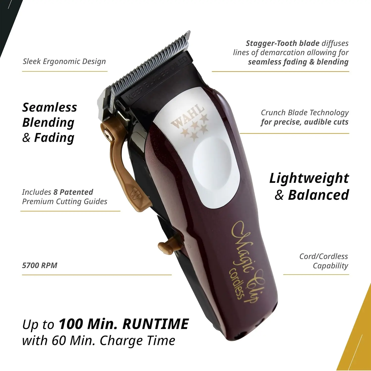 The Wahl Professional 5-Star Magic Clip cordless clipper is perfect for barbers and stylists, offering precision fades and over 90 minutes of runtime.