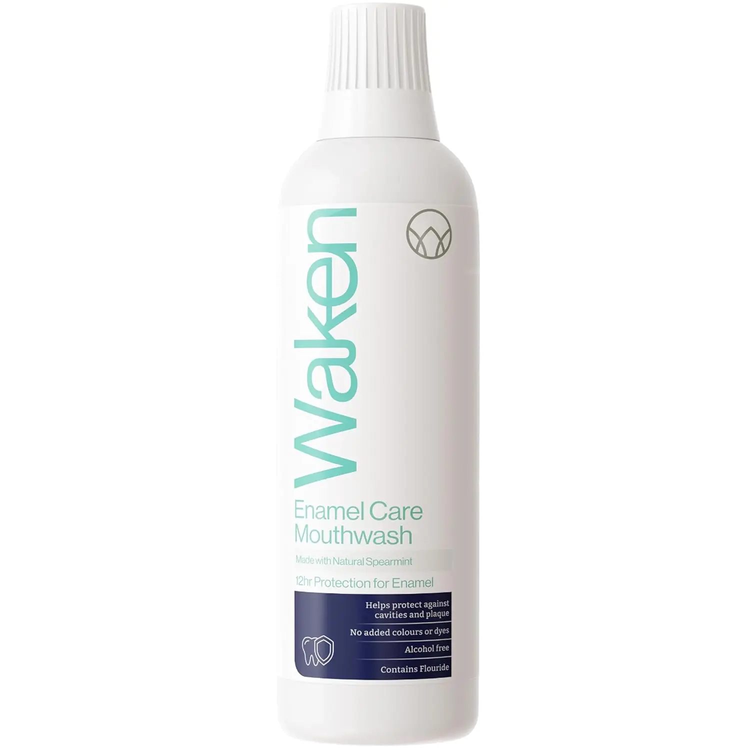 Refresh your breath and protect your teeth with Waken Spearmint Mouthwash, a vegan and alcohol-free formula made with natural spearmint flavor and added fluoride.