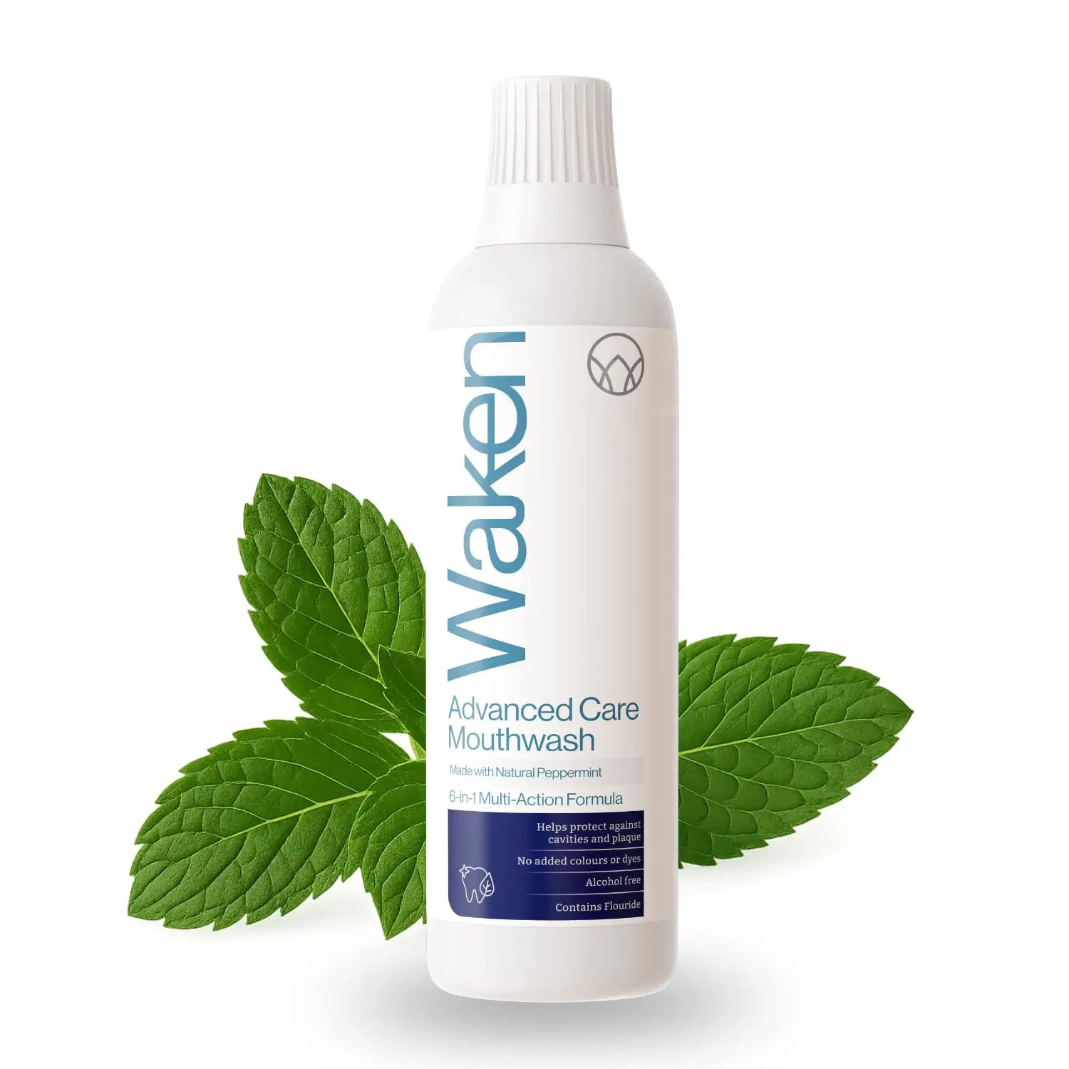 Refresh your breath and protect your teeth with Waken Spearmint Mouthwash, a vegan and alcohol-free formula made with natural spearmint flavor and added fluoride.