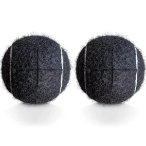 Two precut black tennis balls designed to protect hardwood floors and furniture legs like chairs, desks, tables, and walkers from scratches.