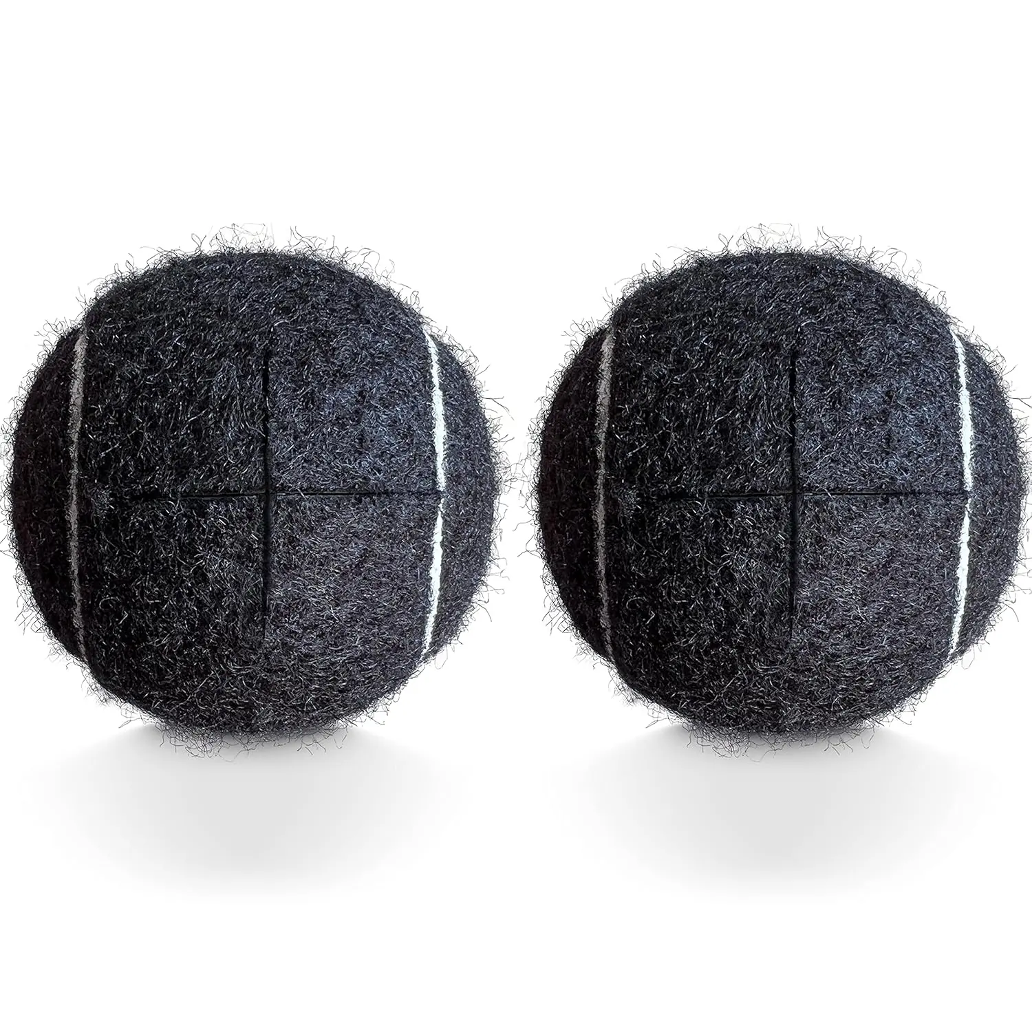 Two precut black tennis balls designed to protect hardwood floors and furniture legs like chairs, desks, tables, and walkers from scratches.