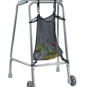 Black net bag for walking frames, perfect for carrying a purse, phone, or small shopping items, sized 160x100x10 mm.