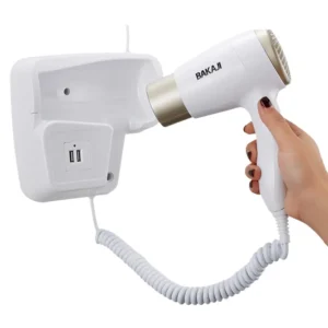 White and platinum Bakaji wall mounted hair dryer with USB ports for charging smartphones in a bathroom or hotel setting.