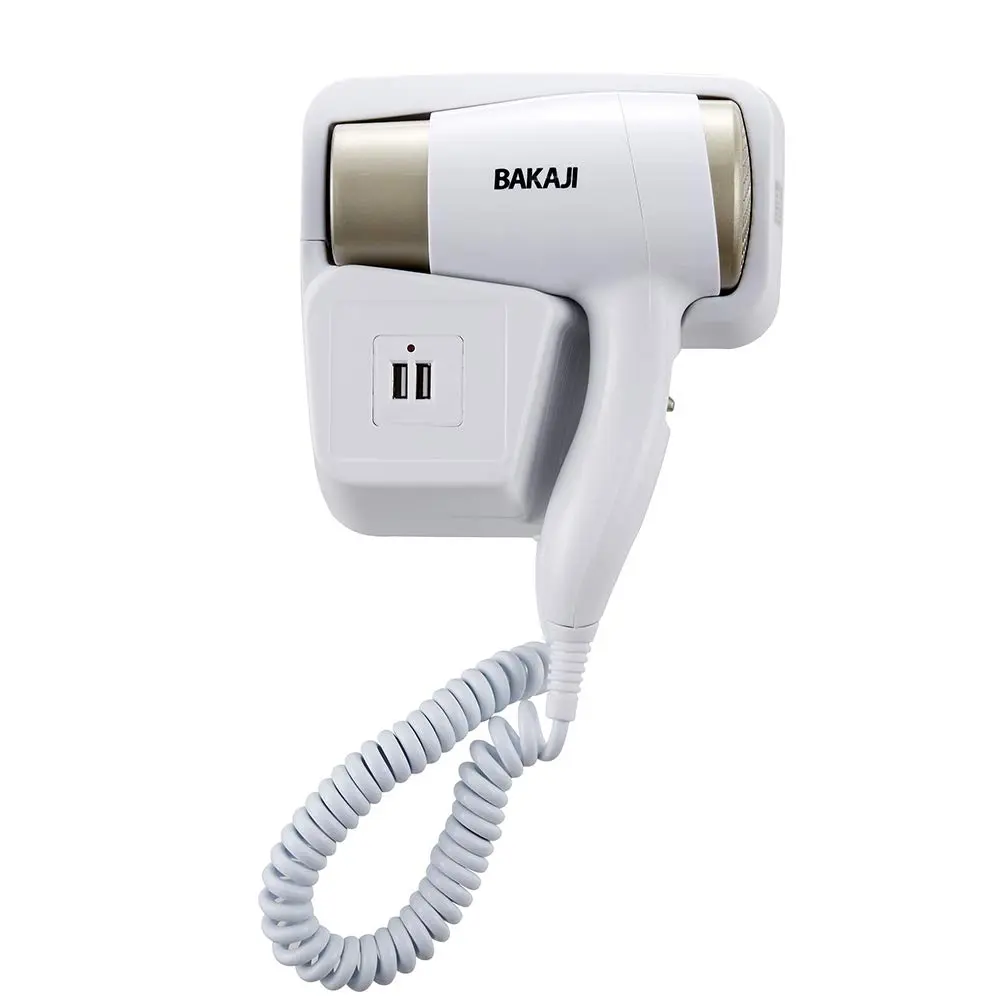 White and platinum Bakaji wall mounted hair dryer with USB ports for charging smartphones in a bathroom or hotel setting.