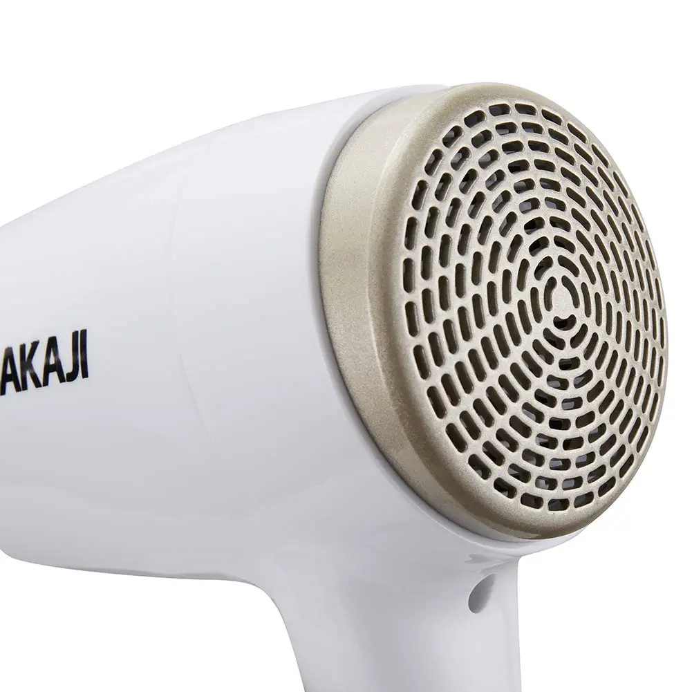 White and platinum Bakaji wall mounted hair dryer with USB ports for charging smartphones in a bathroom or hotel setting.