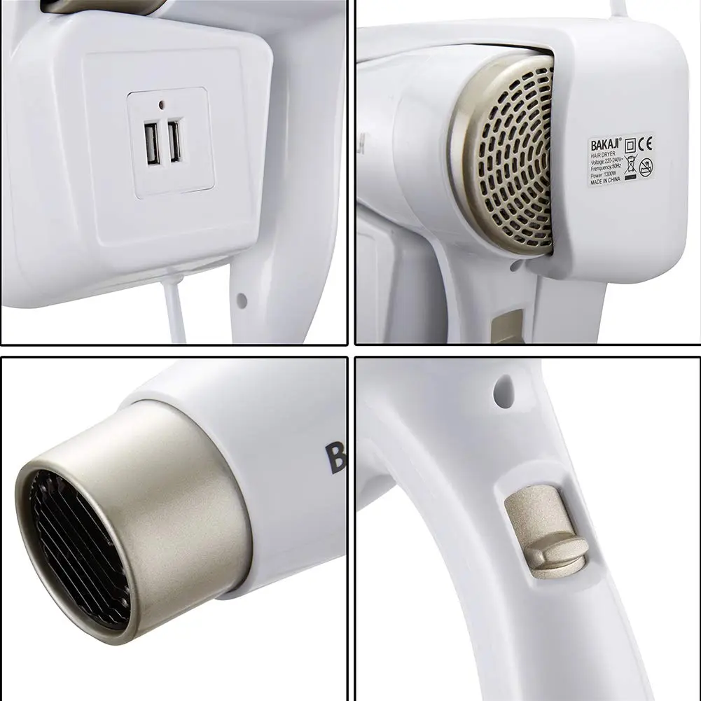 White and platinum Bakaji wall mounted hair dryer with USB ports for charging smartphones in a bathroom or hotel setting.