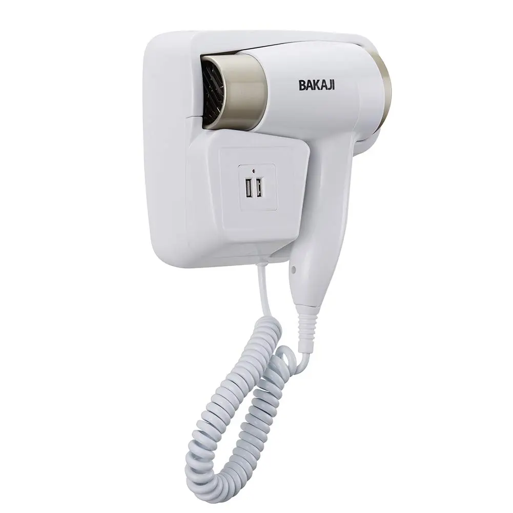 White and platinum Bakaji wall mounted hair dryer with USB ports for charging smartphones in a bathroom or hotel setting.