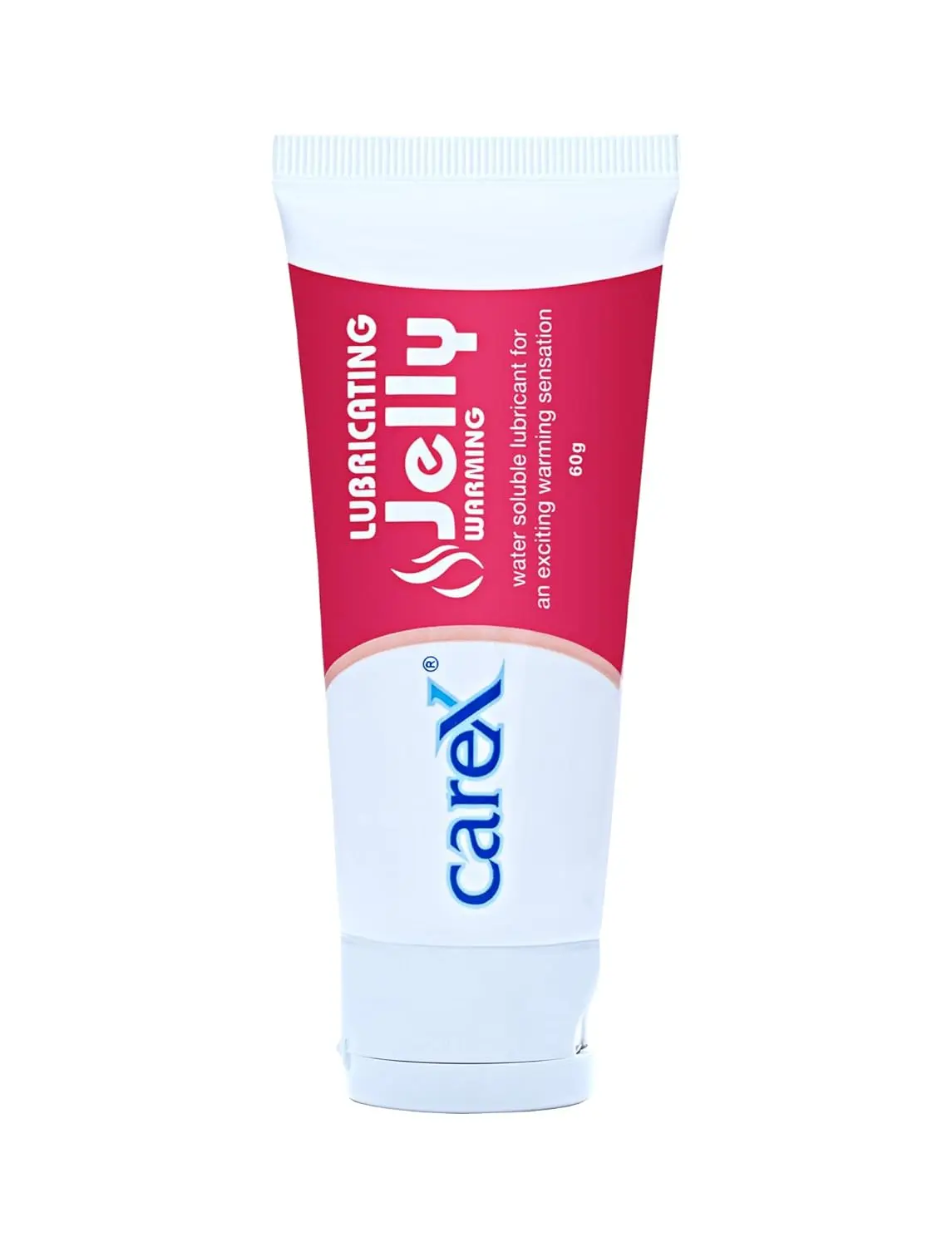 A tube of Carex Lubricating Jelly, a greaseless and transparent body lubricant designed for a warming sensation.