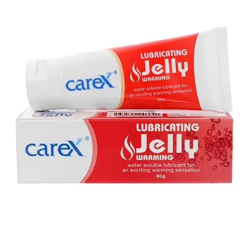 A tube of Carex Lubricating Jelly, a greaseless and transparent body lubricant designed for a warming sensation.