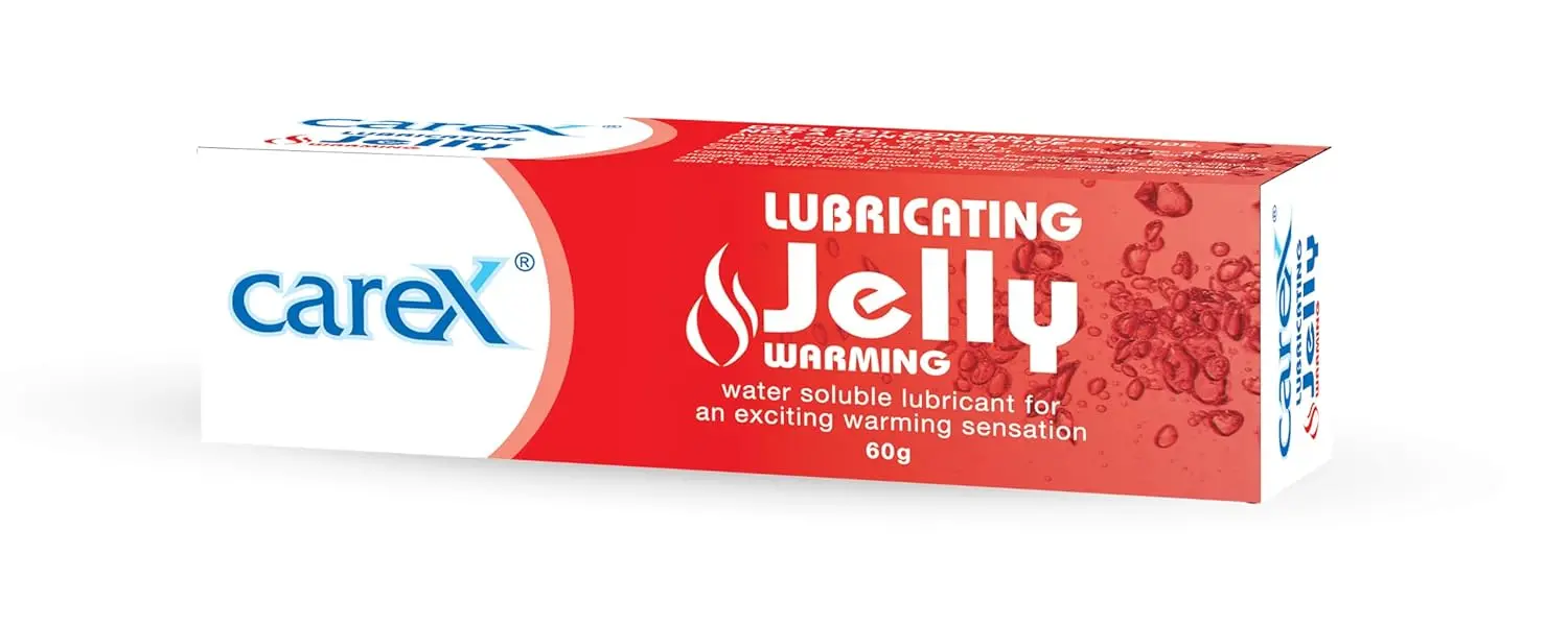 A tube of Carex Lubricating Jelly, a greaseless and transparent body lubricant designed for a warming sensation.