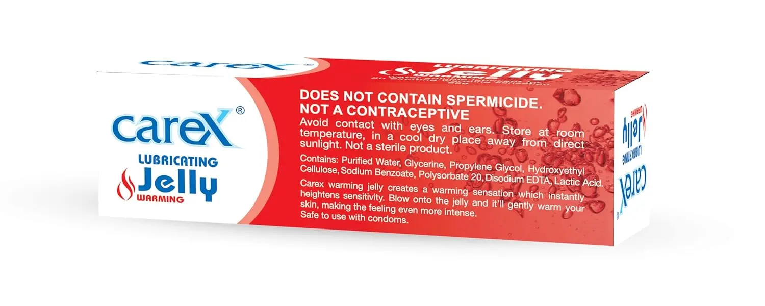 A tube of Carex Lubricating Jelly, a greaseless and transparent body lubricant designed for a warming sensation.