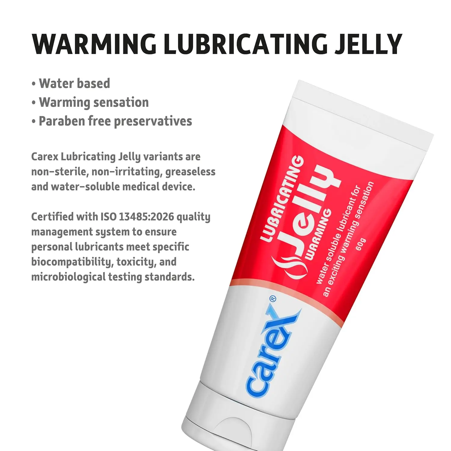 A tube of Carex Lubricating Jelly, a greaseless and transparent body lubricant designed for a warming sensation.