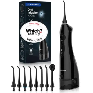 This cordless water flosser features multiple modes for personalized cleaning and comes with eight jet tips, a large detachable water tank, and long battery life for effective teeth cleaning at home or while traveling.