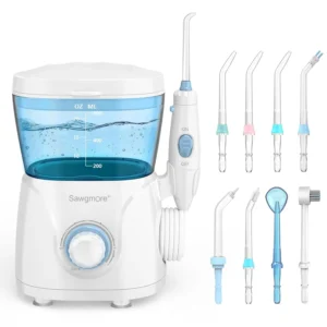 This electric water flosser with a 600ml reservoir and 10 adjustable pressure settings effectively cleans between teeth and massages gums, promoting healthy oral hygiene.