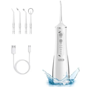 Cordless water flosser with multiple tips and operation modes for improved teeth cleaning and oral health.