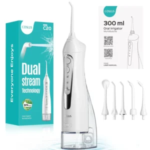 COSLUS cordless water flosser provides deep cleaning and gum massage, featuring adjustable pressure, multiple modes, long battery life, and included nozzles, perfect for braces, home, and travel.
