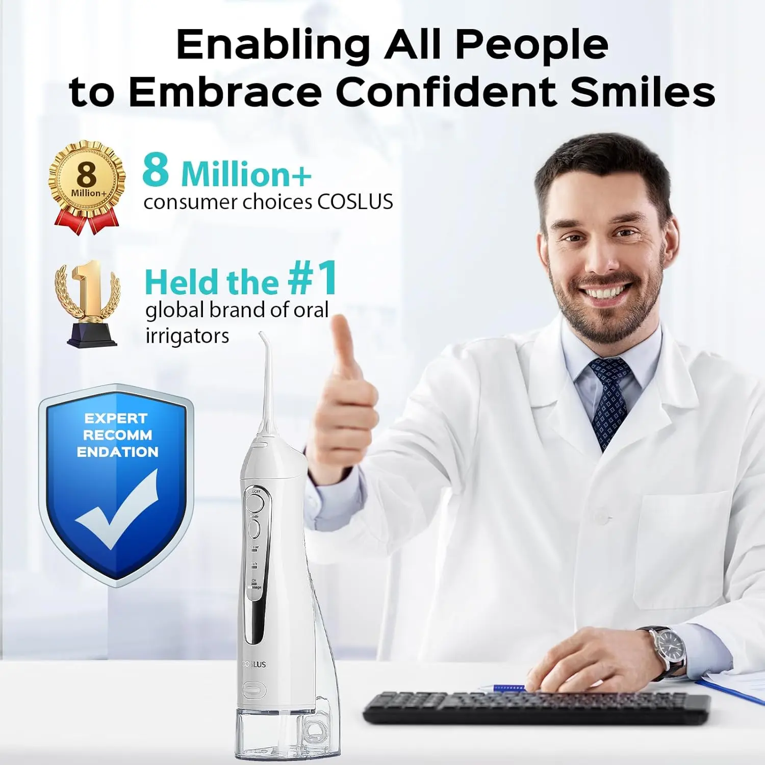 COSLUS cordless water flosser provides deep cleaning and gum massage, featuring adjustable pressure, multiple modes, long battery life, and included nozzles, perfect for braces, home, and travel.