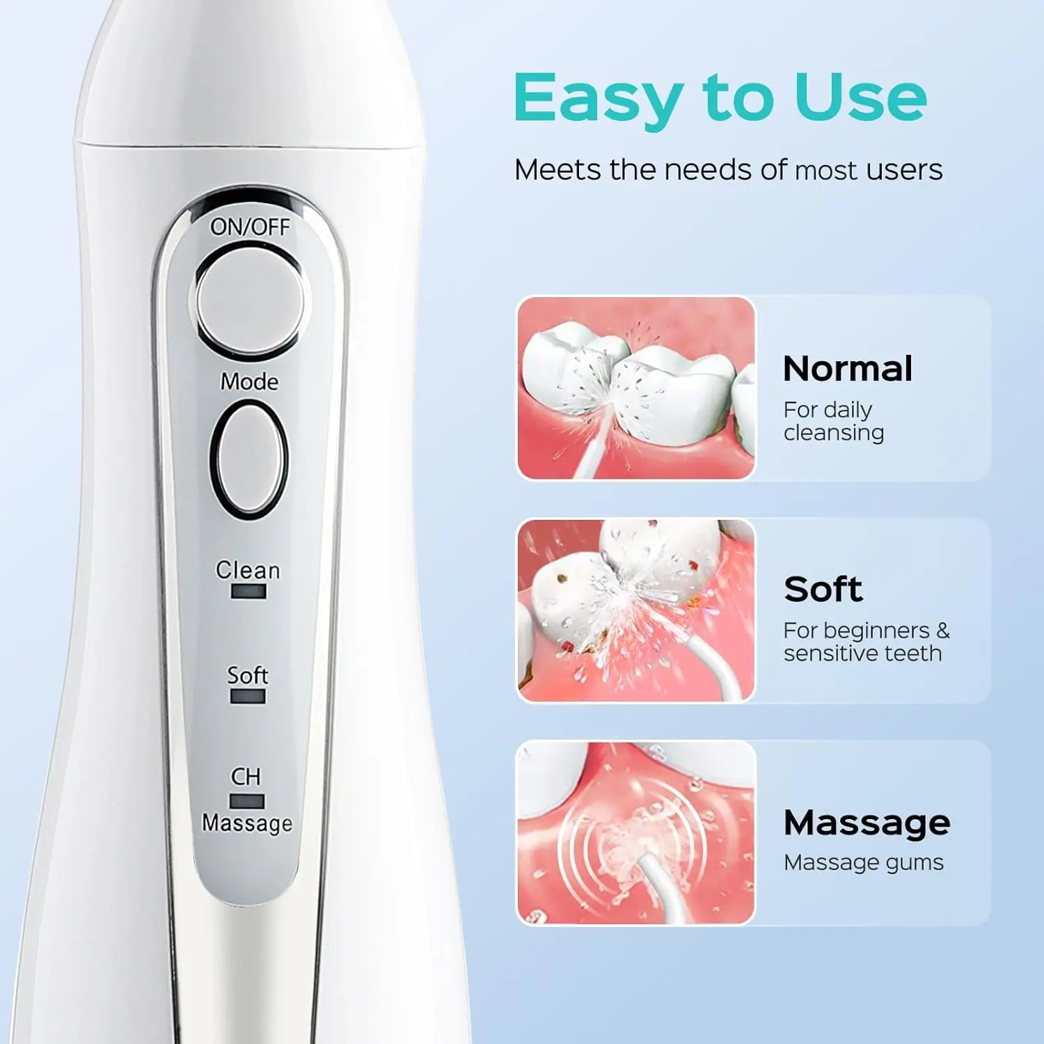 COSLUS cordless water flosser provides deep cleaning and gum massage, featuring adjustable pressure, multiple modes, long battery life, and included nozzles, perfect for braces, home, and travel.