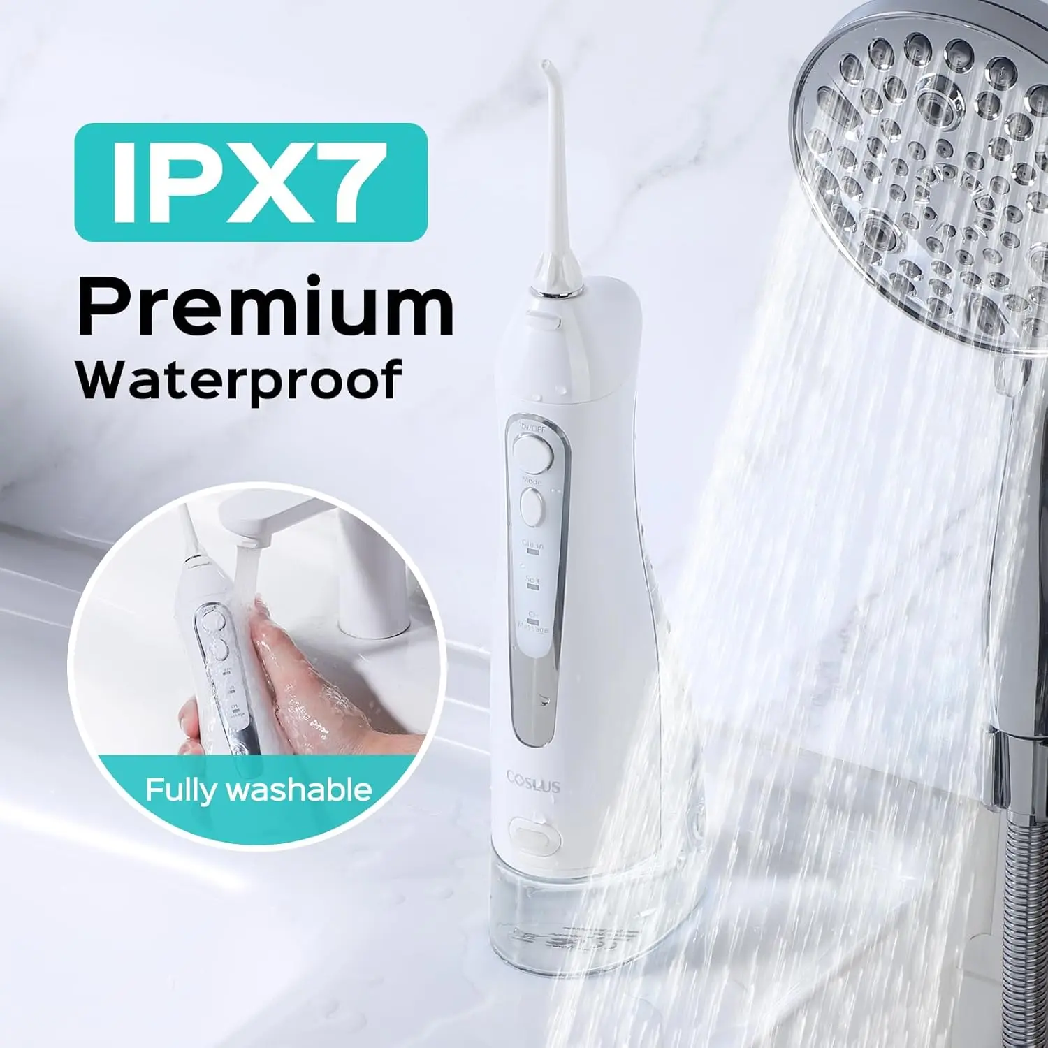 COSLUS cordless water flosser provides deep cleaning and gum massage, featuring adjustable pressure, multiple modes, long battery life, and included nozzles, perfect for braces, home, and travel.