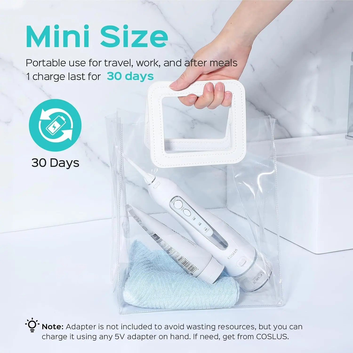 COSLUS cordless water flosser provides deep cleaning and gum massage, featuring adjustable pressure, multiple modes, long battery life, and included nozzles, perfect for braces, home, and travel.