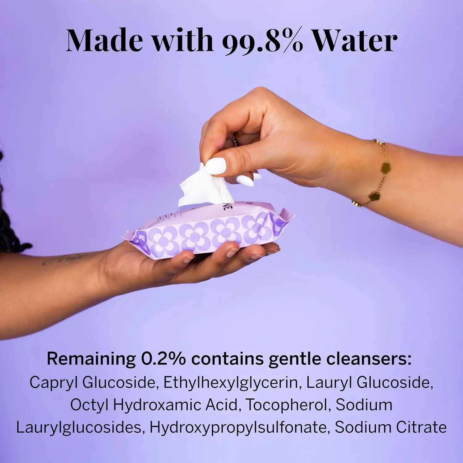 Individually wrapped water wipes made with 99.8% water and gentle cleansers, perfect for a fresh and sanitized clean.